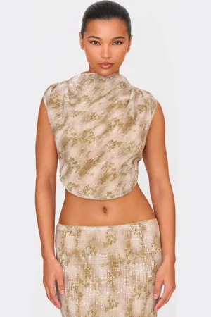 PRETTYLITTLETHING Sequin Tie Back High Neck Cowl Crop Top