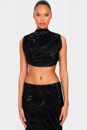 PRETTYLITTLETHING Sequin Tie Back High Neck Cowl Crop Top