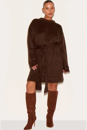 PRETTYLITTLETHING Plus Belted Eyelash Knit Mini Dress