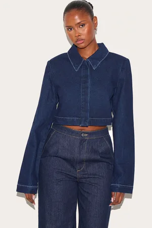 PRETTYLITTLETHING Contrast Stitch Cropped Long Sleeve Denim Shirt