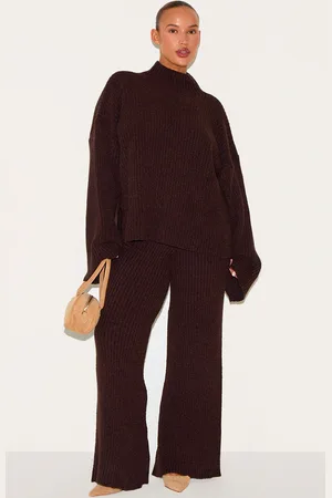 PRETTYLITTLETHING Plus Rib Boucle Knit Wide Leg Pants