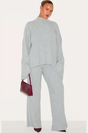 PRETTYLITTLETHING Plus Rib Boucle Knit Wide Leg Pant
