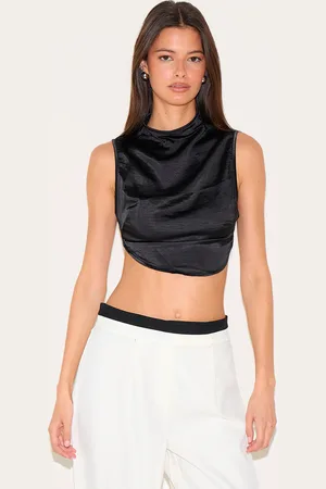 PRETTYLITTLETHING Satin Backless Highneck Extreme Crop Top