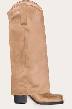 PRETTYLITTLETHING Faux Suede Square Toe Fold Over Knee High Block Heel Western Boots