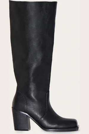 PRETTYLITTLETHING Pu Square Toe High Block Heel Knee High Boots