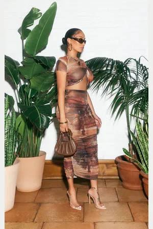 PRETTYLITTLETHING Printed Mesh Ruched Midaxi Skirt