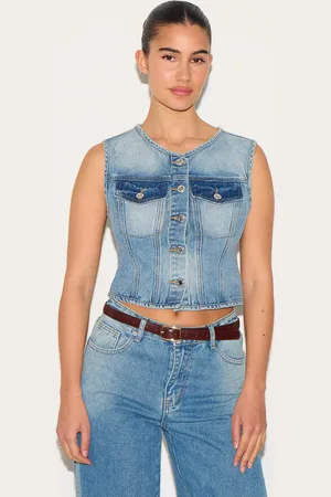 PRETTYLITTLETHING Round Neck Sleeveless Denim Crop Top