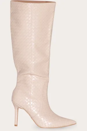 PRETTYLITTLETHING PU Point Toe Basket Weave Knee High Boots