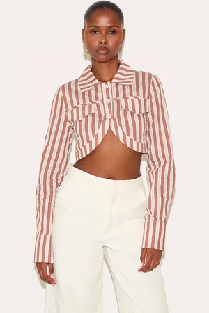 PRETTYLITTLETHING Striped Curved Hem Cropped Shirt