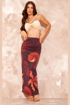 PRETTYLITTLETHING Shell Printed Lined Mesh Maxi Skirt