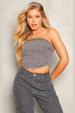 PRETTYLITTLETHING Bobble Denim Corset Crop Top