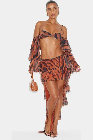 PRETTYLITTLETHING Animal Printed Mesh Rara Waterfall Hem Maxi Skirt