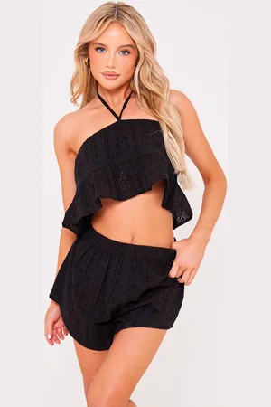 PRETTYLITTLETHING Broderie Crochet Trim Halter Crop Top