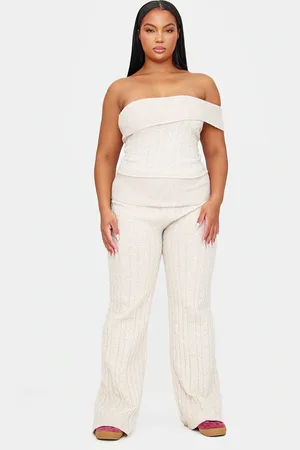 PRETTYLITTLETHING Plus Marl Textured Knit Foldover Wide Leg Pants