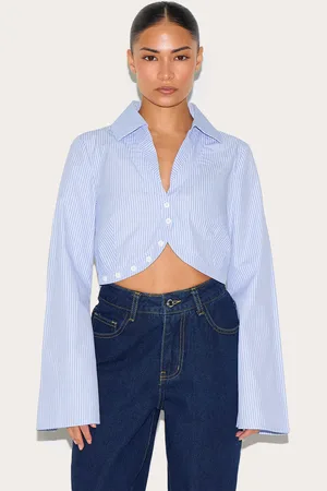 PRETTYLITTLETHING Petite Pinstripe Cropped Long Sleeve Shirt