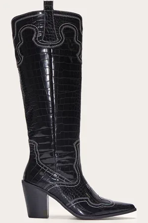 PRETTYLITTLETHING Croc Pu Point Toe Western Stitch Knee High Block Heeled Boots