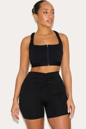 PRETTYLITTLETHING Shape Black Active Zip Front Adjustable Strap Padded Sports Bra