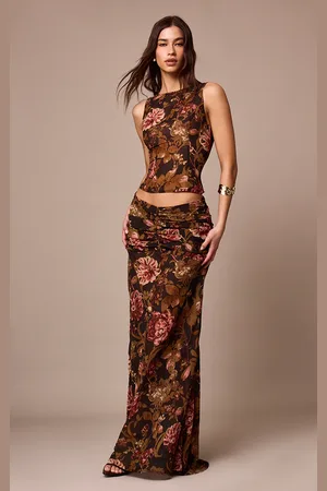 PRETTYLITTLETHING Black Floral Printed Chiffon Ruched Detail Maxi Skirt