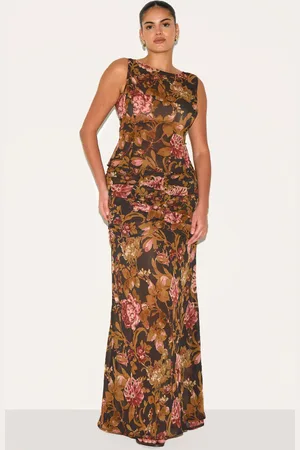 PRETTYLITTLETHING Plus Black Floral Printed Chiffon Ruched Detail Maxi Skirt