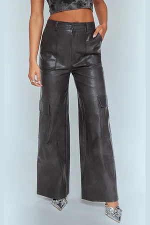 PRETTYLITTLETHING Washed Faux Leather Pocket Wide Leg Cargo Pants