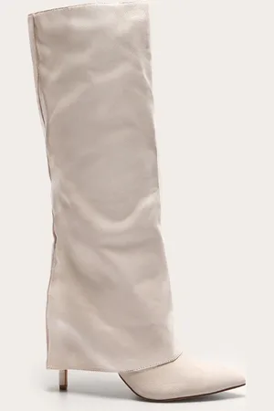 PRETTYLITTLETHING Faux Suede Point Toe Fold Over High Stiletto Knee High Heeled Boots