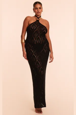 PRETTYLITTLETHING Plus Crochet Maxi Halter Neck Beach Dress