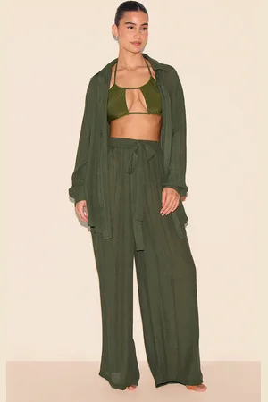 PRETTYLITTLETHING Green Linen Look Palazzo Beach Pants