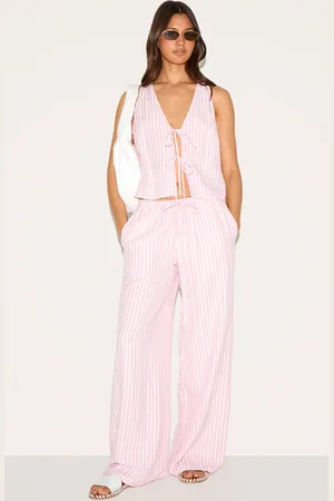 PRETTYLITTLETHING Striped Tie Waist Straight Leg Pant