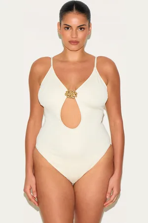 PRETTYLITTLETHING Plus Textured Flower Trim Plunge Swimsuit