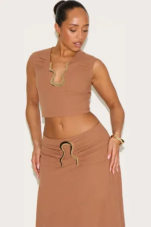 PRETTYLITTLETHING Shape Linen Look Gold Wave Trim Crop Top
