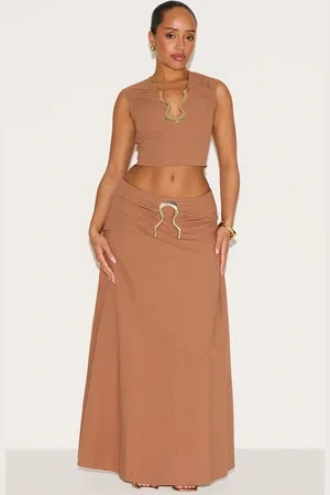 PRETTYLITTLETHING Shape Linen Look Fold Gold Wave Trim Maxi Skirt