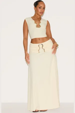 PRETTYLITTLETHING Shape Linen Look Fold Gold Wave Trim Maxi Skirt