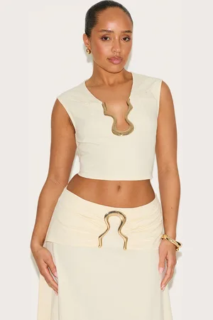 PRETTYLITTLETHING Shape Linen Look Gold Wave Trim Crop Top