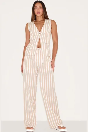 PRETTYLITTLETHING Tall Linen Look Striped Drawstring Wide Pants