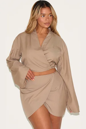 PRETTYLITTLETHING Shape Mocha Tailoring Wrap Over Mini Skirt