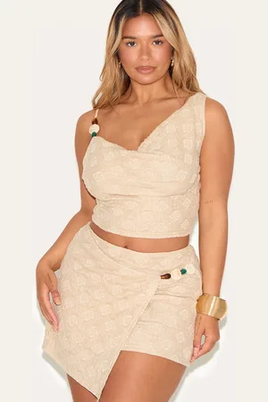 PRETTYLITTLETHING Shape Textured Cowl Neck Beaded Strap Crop Top