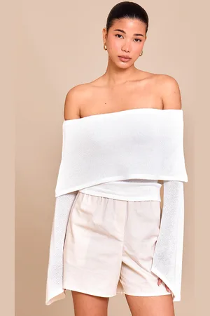 PRETTYLITTLETHING Textured Fold Over Bardot Extreme Flute Sleeve Long Top