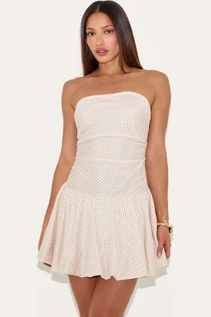 PRETTYLITTLETHING Tall Bandeau Check Puffball Mini Dress