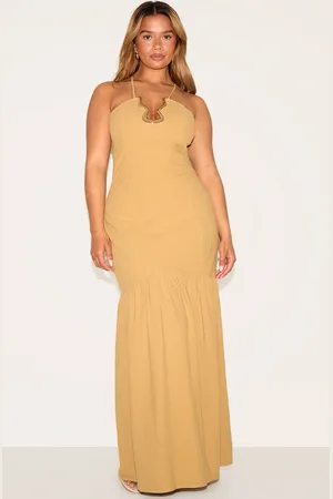 PRETTYLITTLETHING Shape Linen Look Gold Wave Trim Dropped Hem Maxi Dress