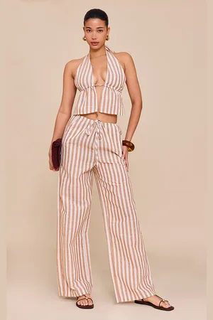 PRETTYLITTLETHING Striped Cotton Low Rise Drawstring Wide Leg Pants