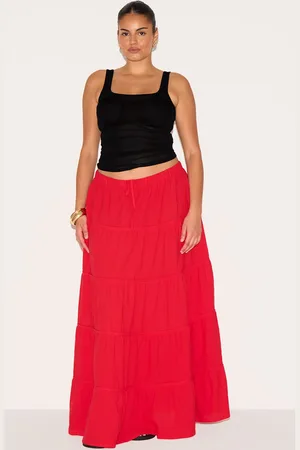 PRETTYLITTLETHING Plus Cotton Tiered Drawstring Waist Maxi Skirt