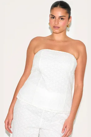 PRETTYLITTLETHING Plus Embroidered Linen Bandeau Top