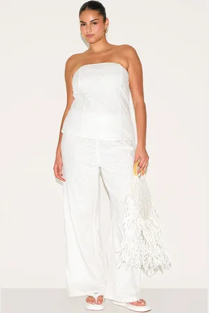 PRETTYLITTLETHING Plus Embroidered Linen Mid Rise Pants