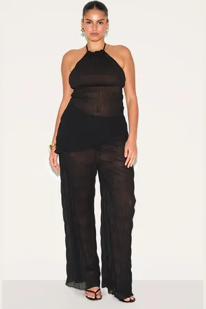PRETTYLITTLETHING Plus Textured Sheer Woven Mid Rise Straight Leg Pant