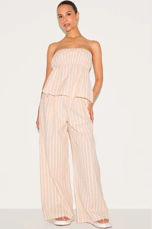PRETTYLITTLETHING Petite Pinstripe Linen Look Floaty Wide Leg Pants