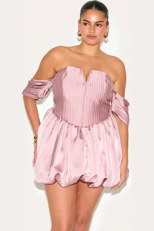 PRETTYLITTLETHING Plus Rose Satin Puffball Bardot Shift Dress