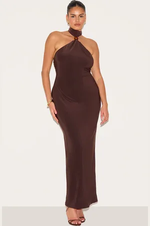 PRETTYLITTLETHING Plus Slinky Bead Detail Halter Maxi Dress