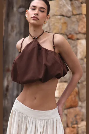 PRETTYLITTLETHING Bead Detail Strappy Halterneck Puffball Crop Top