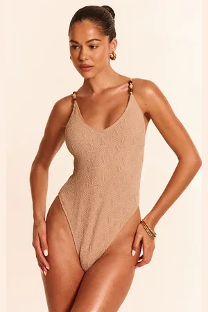 PRETTYLITTLETHING Textured Bead Trim Plunge Swimsuit