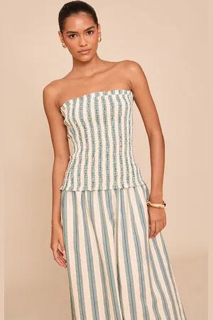 PRETTYLITTLETHING Pinstripe Shirred Bandeau Top